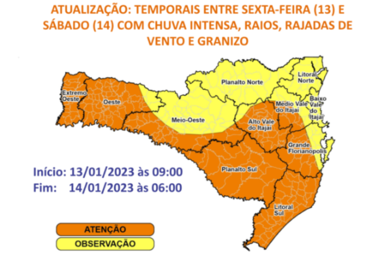 Defesa Civil de SC emite alerta para temporais com chuva intensa e risco de granizo Lance Notícias