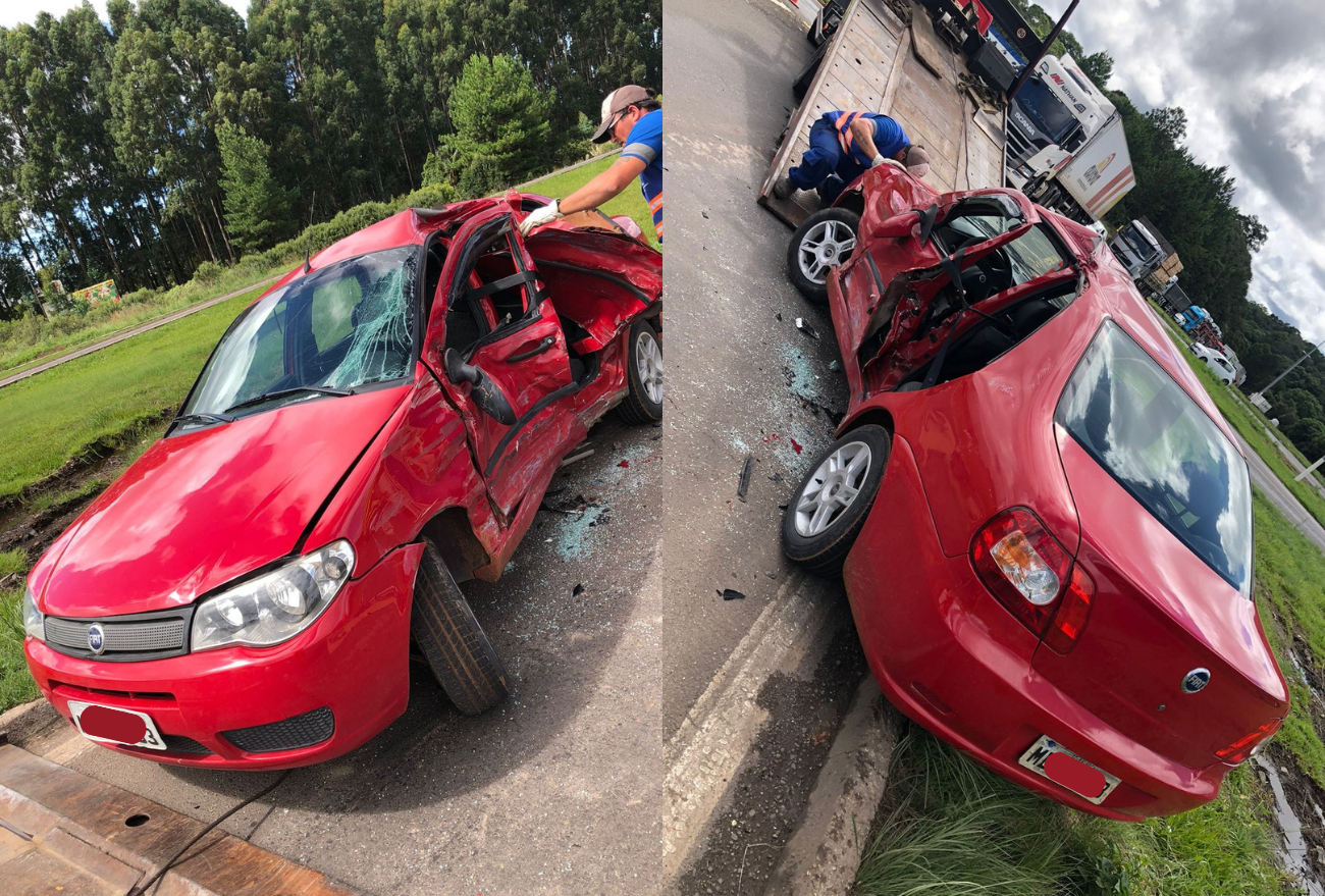 Bombeiros Voluntários atendem colisão entre carro e carreta no Trevão do Irani