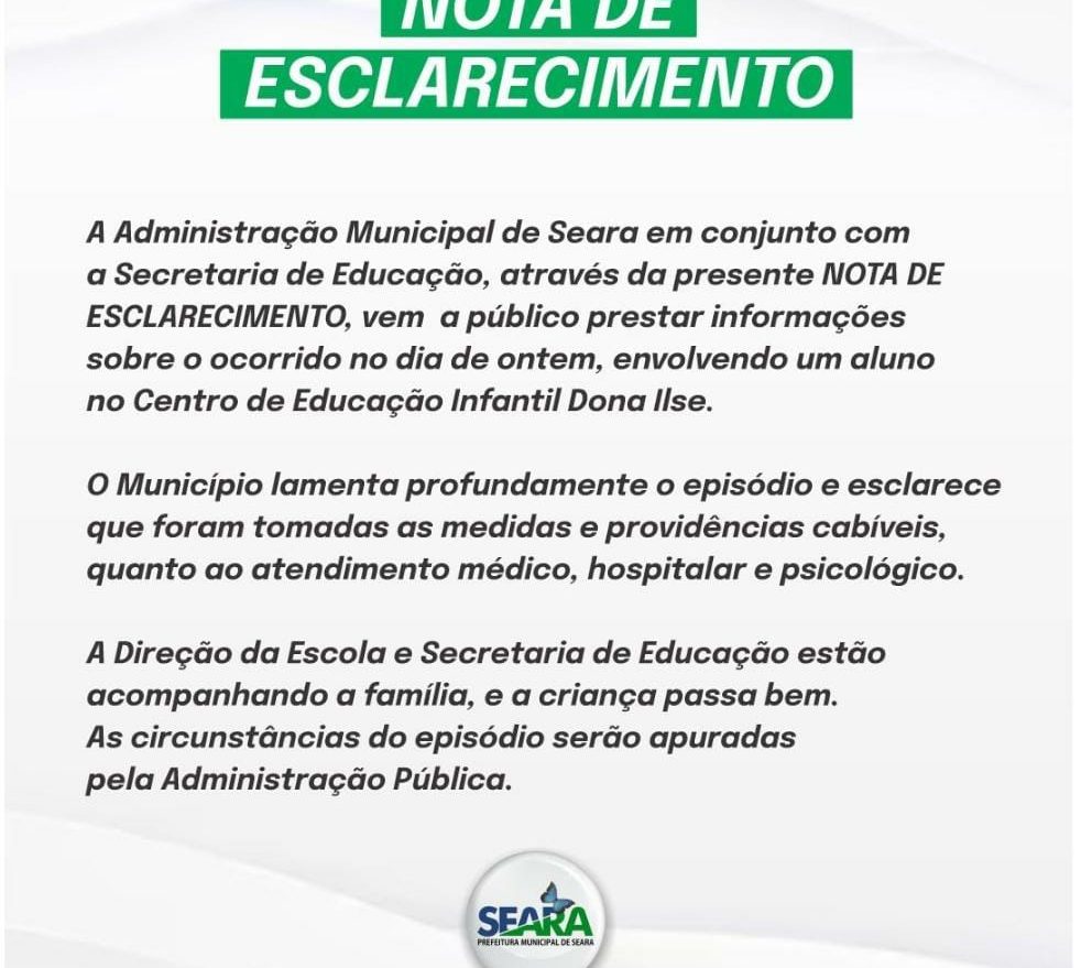 Secretaria da Educação de Seara emite nota de esclarecimento após afogamento de criança