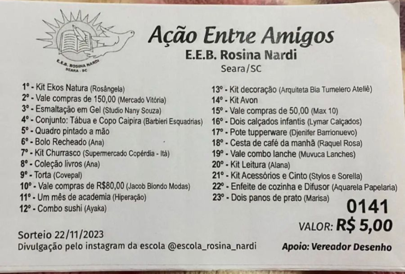 Alunos do terceirão da Escola Rosina Nardi promovem rifa com mais de 20 prêmios