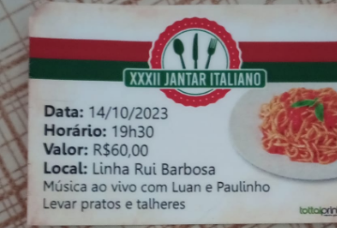 Comunidade de linha Rui Barbosa realiza Jantar Italiano neste fim de semana